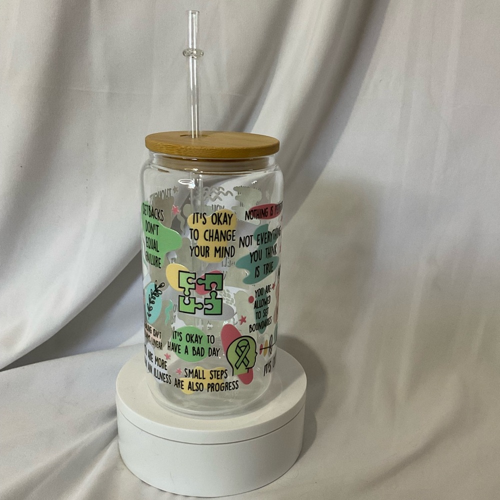 16 Ounce Handmade Glass Can Cup W/Lid & Straw, Mental Health Matters - Picture 3 of 5